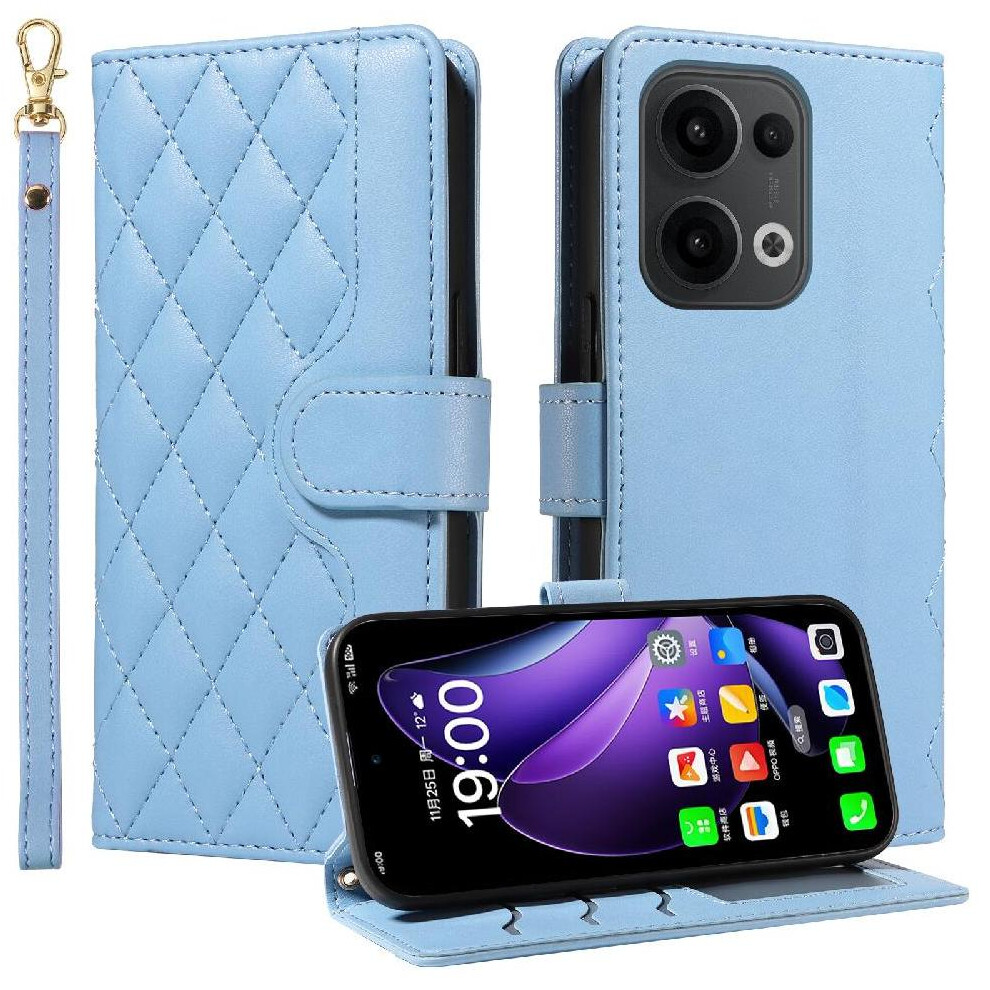 (Blue) Flip Case For Oppo Reno 13 5G Detachable Wrist Strap And Long Lanyard Lattice Flip Folio Phone Case With Stand Wallet Card Slots Blue 764563496624
