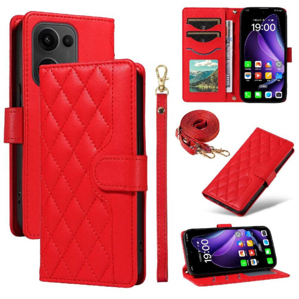 (Red) Flip Case For Oppo Reno 13 5G Detachable Wrist Strap And Long Lanyard Lattice Flip Folio Phone Case With Stand Wallet Card Slots Red 764563496600