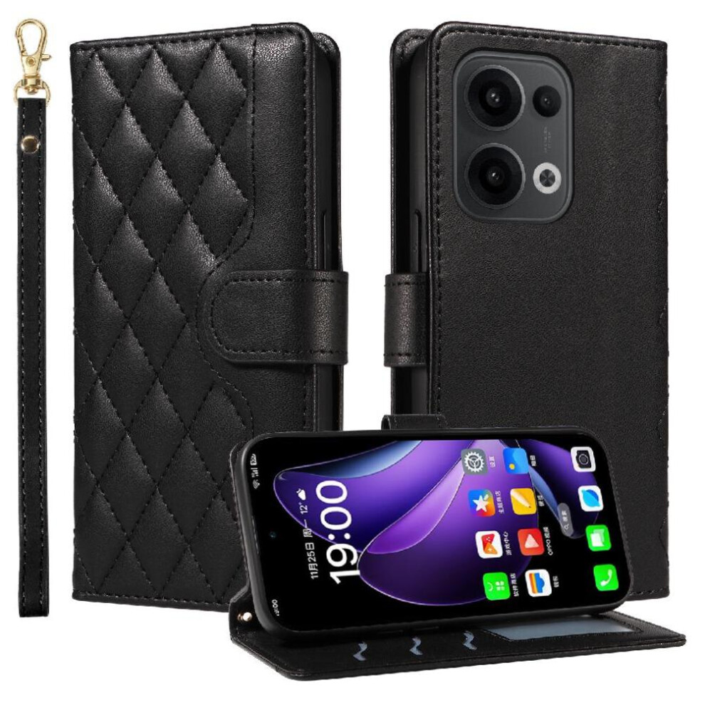 (Black) Flip Case For Oppo Reno 13 5G Detachable Wrist Strap And Long Lanyard Lattice Flip Folio Phone Case With Stand Wallet Card Slots Black 764563496587