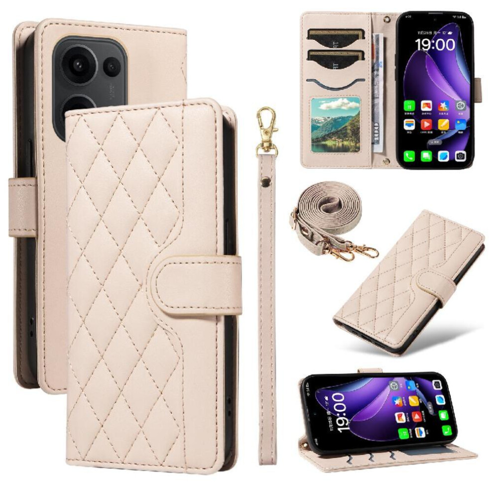 (Creamy ) Flip Case For Oppo Reno 13 5G Detachable Wrist Strap And Long Lanyard Lattice Flip Folio Phone Case With Stand Wallet Card Slots White 764563496617