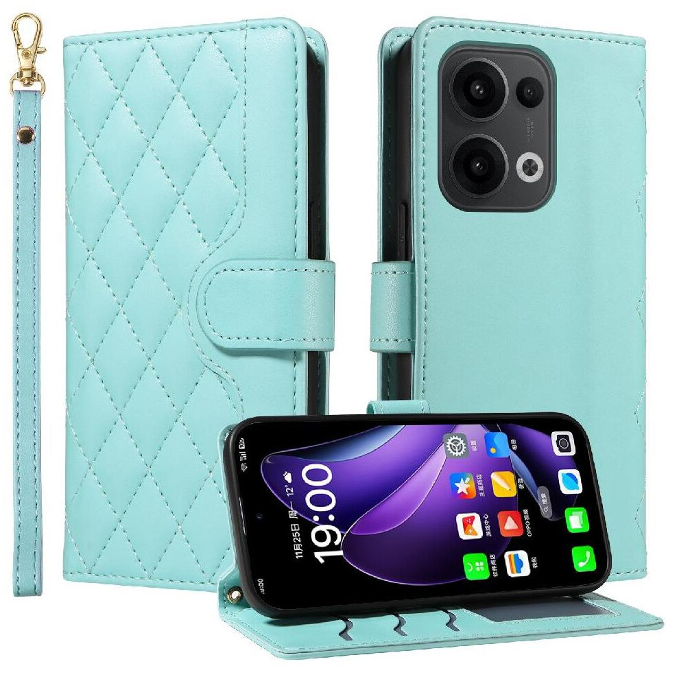 (Green) Flip Case For Oppo Reno 13 5G Detachable Wrist Strap And Long Lanyard Lattice Flip Folio Phone Case With Stand Wallet Card Slots Green 764563496631