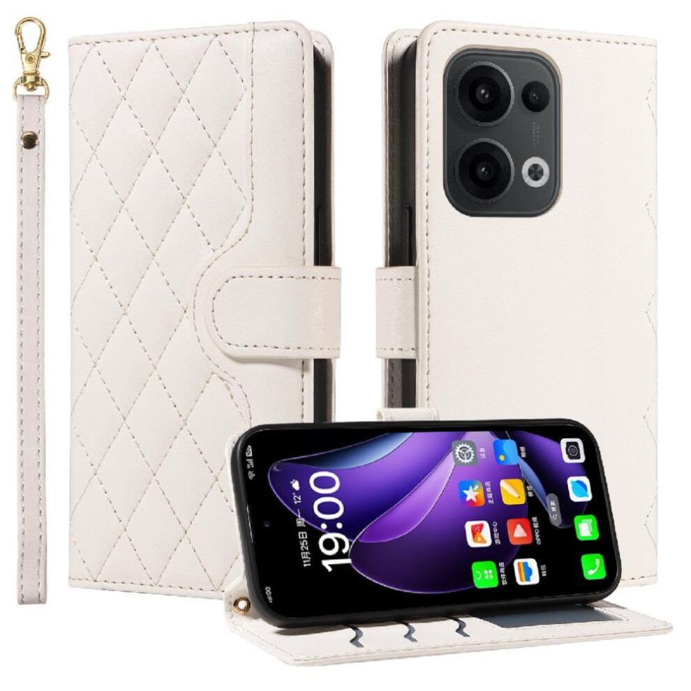 (White) Flip Case For Oppo Reno 13 5G Detachable Wrist Strap And Long Lanyard Lattice Flip Folio Phone Case With Stand Wallet Card Slots White 764563496648