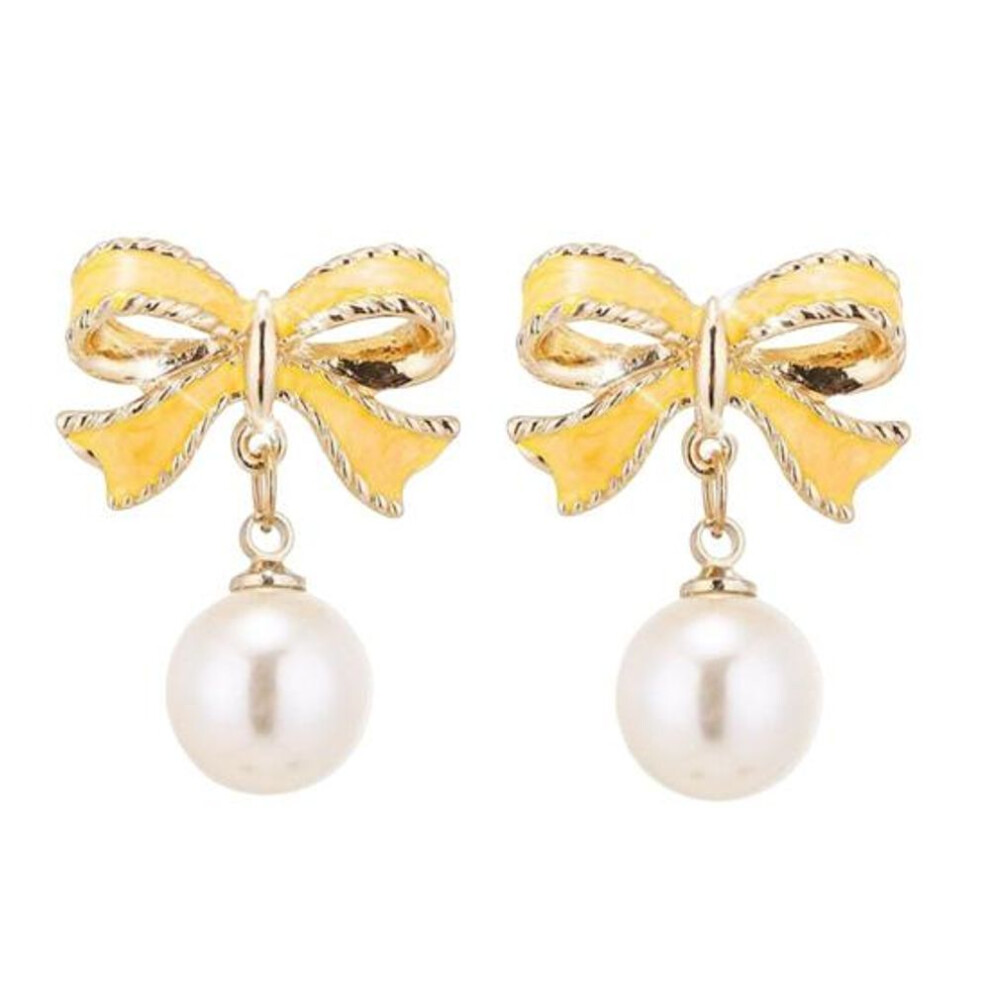 (yellow) Bow Earrings For Women Faux Pearl Drop Dangle Bowknot Earrings Valentine's Day Jewelry Accessory Gifts For Girls