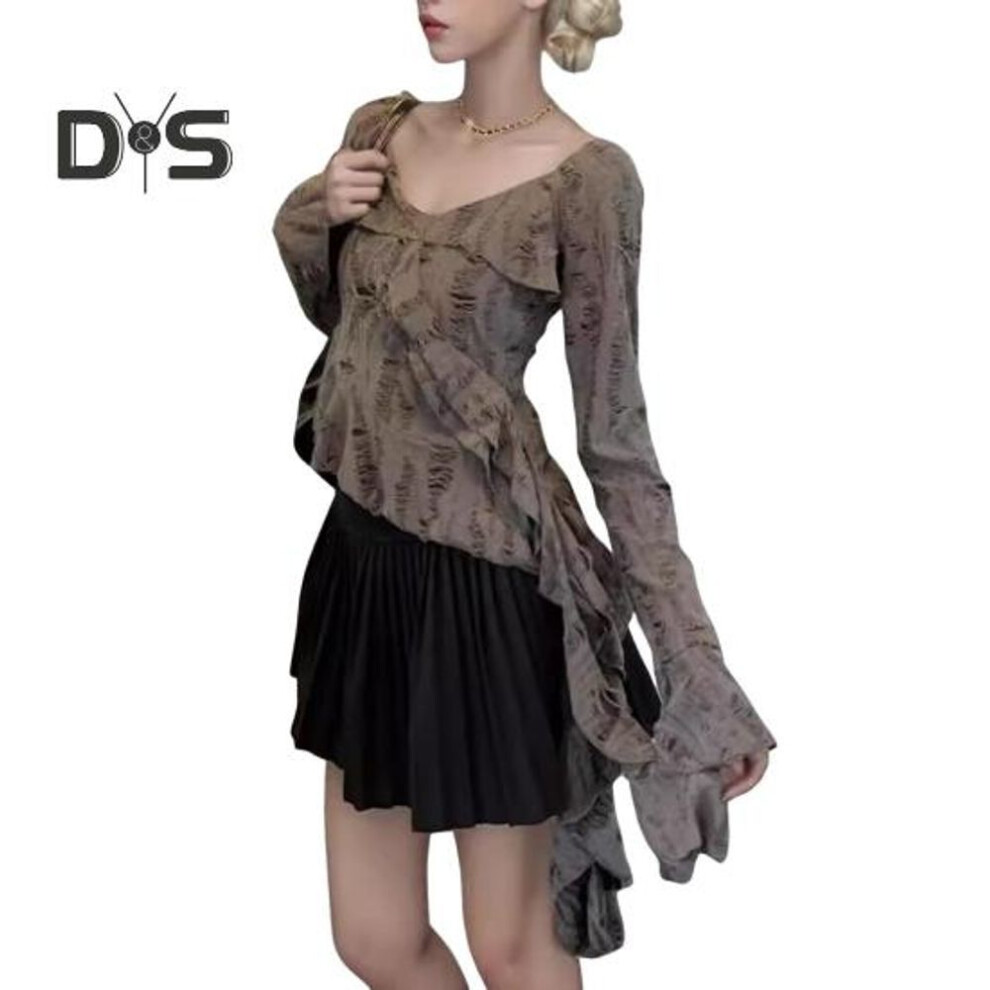 (M, grey) Women Tops V-neck Flared Long Sleeve Slim Fit Tee Shirt Solid Color Ruffle Stitching Tops With Irregular Hem Hole Design T-shirt