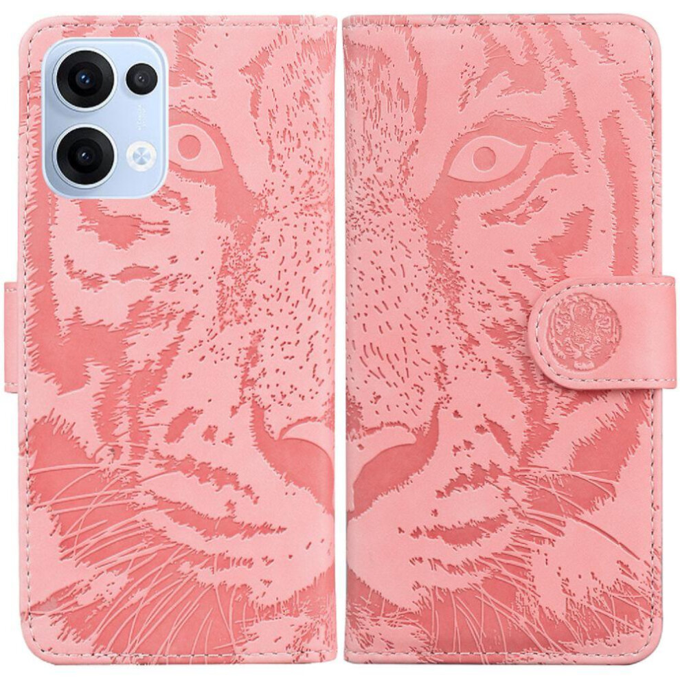 (Pink) Flip Case For Oppo Reno 13 5G Embossed Cute Tiger Leather Wallet Kickstand Protective Pink 764563496860