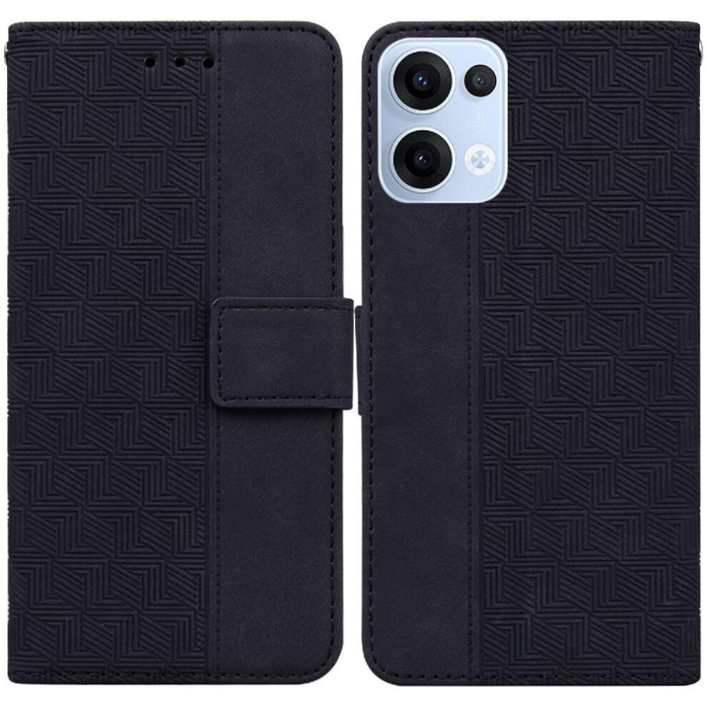(Black) Flip Case For Oppo Reno 13 5G Wallet Cover Flip Folio Premium Pu Leather Geometric Embossed Kickstand Feature Black 764563496976