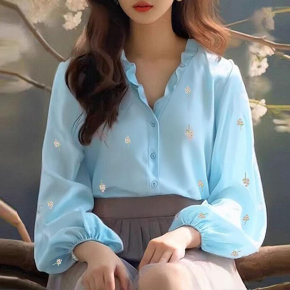 (L, blue) ZANZEA Women Elegant V Neck Lantern Long Sleeve Floral Print Shirts