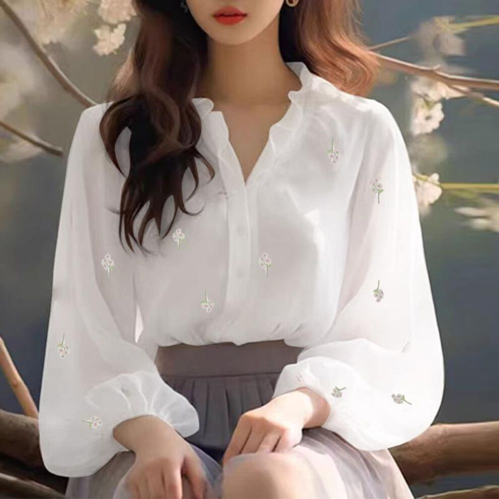 (M, white) ZANZEA Women Elegant V Neck Lantern Long Sleeve Floral Print Shirts
