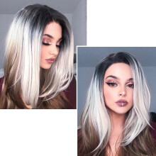 Peluca sintética de lino gris Ombre de pelo corto parte lateral recta pelucas de mujer