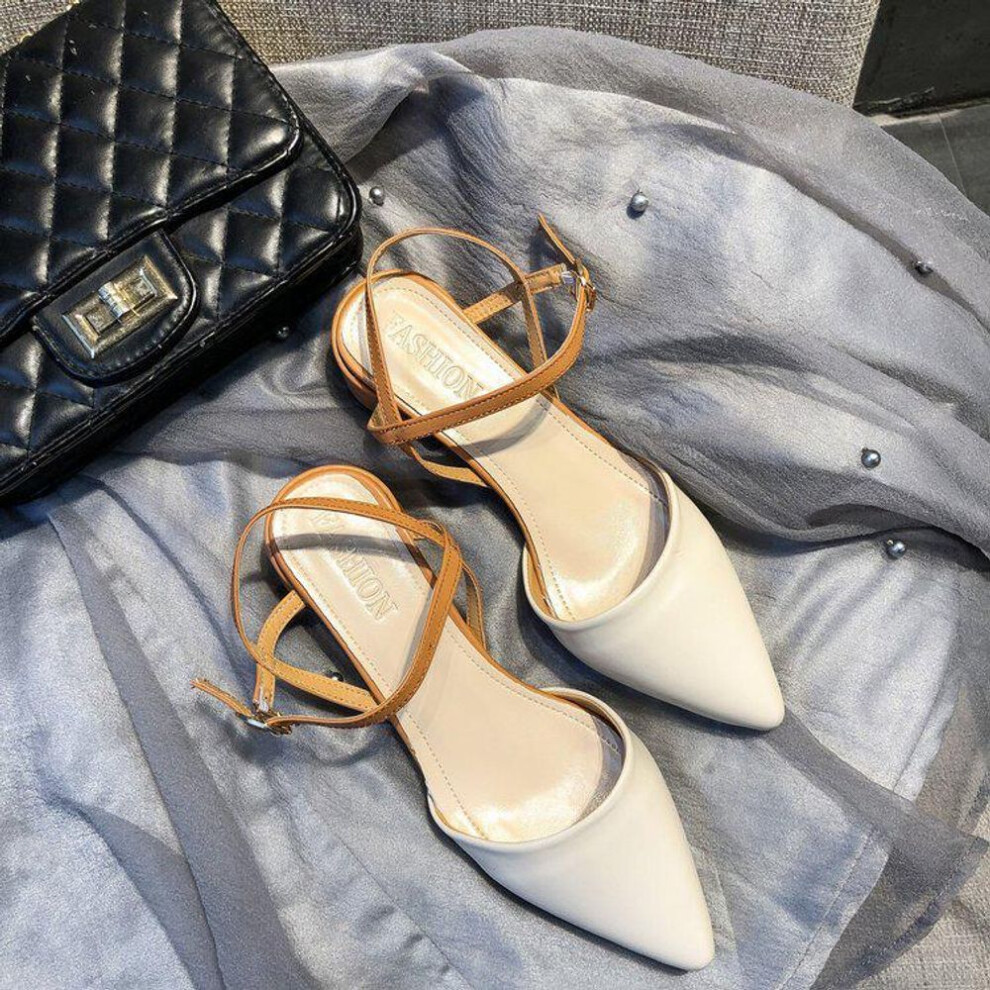 (off-white, 36) 2023 Women's Low-heeled Pointed Toe Fairy-style Sandals With Thick-heeled, Closed-toe Design