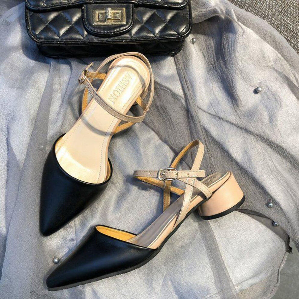 (black, 35) 2023 Women's Low-heeled Pointed Toe Fairy-style Sandals With Thick-heeled, Closed-toe Design
