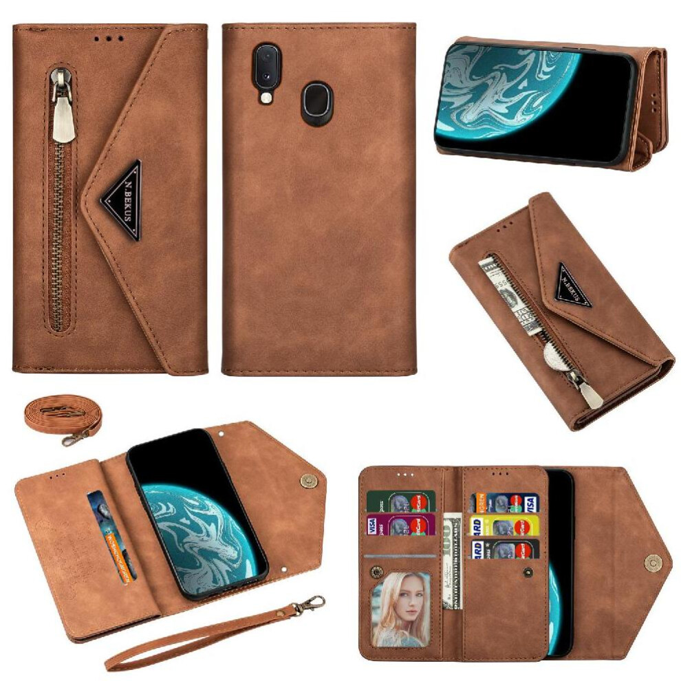 Photos - Case  Zipper Pocket  for Samsung Galaxy A20e Kickstand Crossbody Strap Shockproof Wrist Strap Protective Cover(Brown)