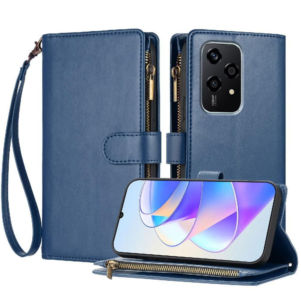 (Blue) Long Strap Case For Honor 200 Lite Wallet Kickstand Zipper 8 Card Slots Holder Shockproof Flip Folio Protecive Blue 764563501182