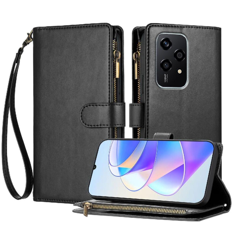 (Black) Long Strap Case For Honor 200 Lite Wallet Kickstand Zipper 8 Card Slots Holder Shockproof Flip Folio Protecive Black 764563501199
