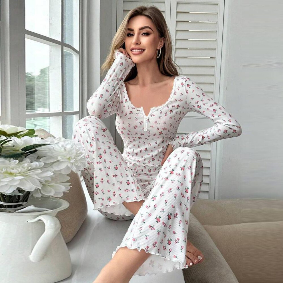 (M, as the picture) Women's Sleepwear Ditsy Floral Print Pajamas Set Elastic Waistband Loungewear Full Sleeve Nightwear