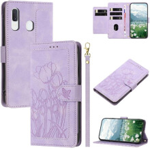 (Light Violet) Fashion Wallet Case for Samsung Galaxy A20e Magnetic Closure Pu Leather Tulip Embossed Flip Case Kickstand Crossbody and Wrist Strap