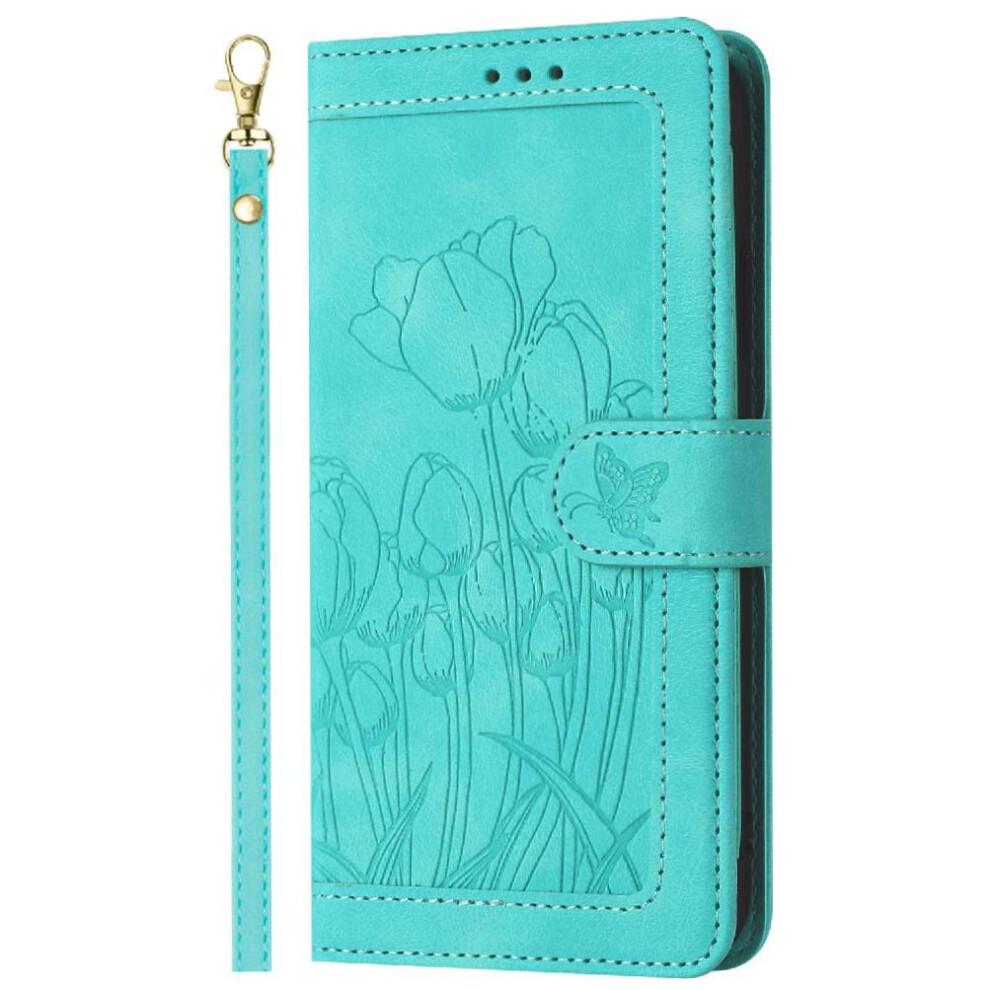 (Green) Wallet Case For Samsung Galaxy A20e Kickstand Magnetic Closure Tulip Embossed Flip Case Wrist Strap Pu Leather Green 764563502554
