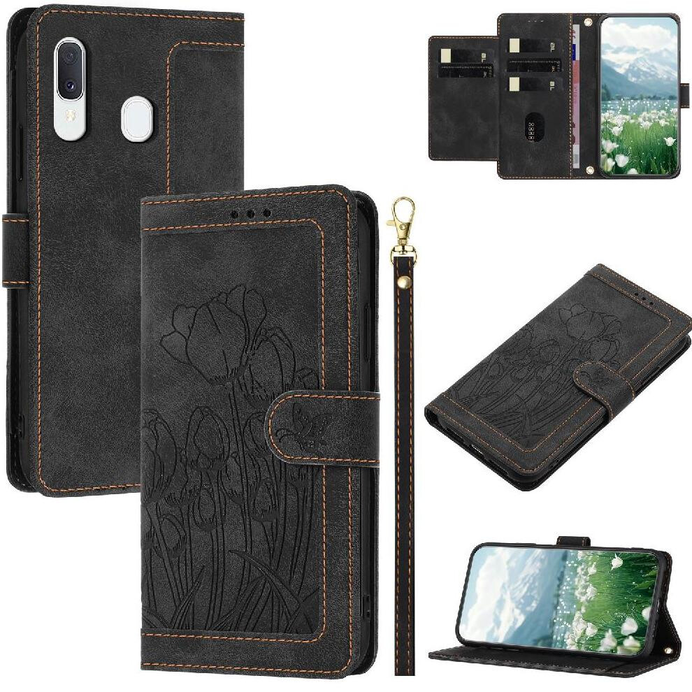 (Black) Wallet Case For Samsung Galaxy A20e Kickstand Magnetic Closure Tulip Embossed Flip Case Wrist Strap Pu Leather Black 764563502592