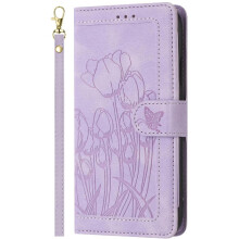 (Light Violet) Wallet Case for Samsung Galaxy A20e Kickstand Magnetic Closure Tulip Embossed Flip Case Wrist Strap Pu Leather