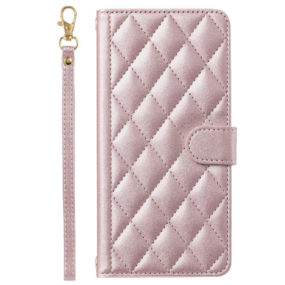 (Pink) Phone Case For Honor 200 Lite Card Slots Holder Flip Folio Wallet Lattice Magnetic Hand Strap Pink 764563503834