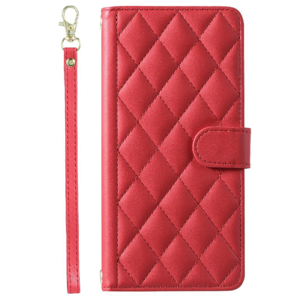 (Red) Phone Case For Honor 200 Lite Card Slots Holder Flip Folio Wallet Lattice Magnetic Hand Strap Red 764563503889