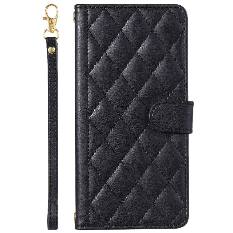 (Black) Phone Case For Honor 200 Lite Card Slots Holder Flip Folio Wallet Lattice Magnetic Hand Strap Black 764563503872