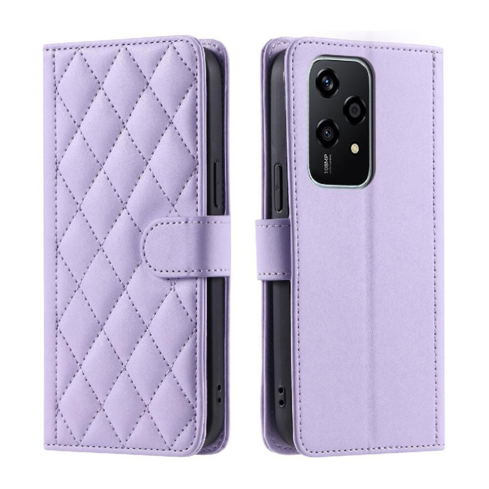 (Purple) Phone Case For Honor 200 Lite Card Slots Holder Flip Folio Wallet Lattice Magnetic Hand Strap Purple 764563503865
