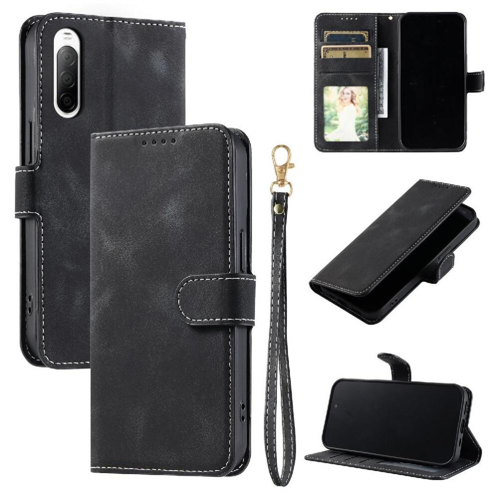 (Black) Flip Case For Sony Xperia 10 Ii Magnetic Wallet Card Slots Pu Leather Kickstand Wrist Strap Black 764563504992