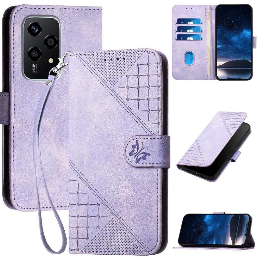 ( Violet) Flip Case For Honor 200 Lite Embossed Butterfly And Credit Card Slot High Quality Leather Phone Case With Detachable Hand Strap Light 764563505081