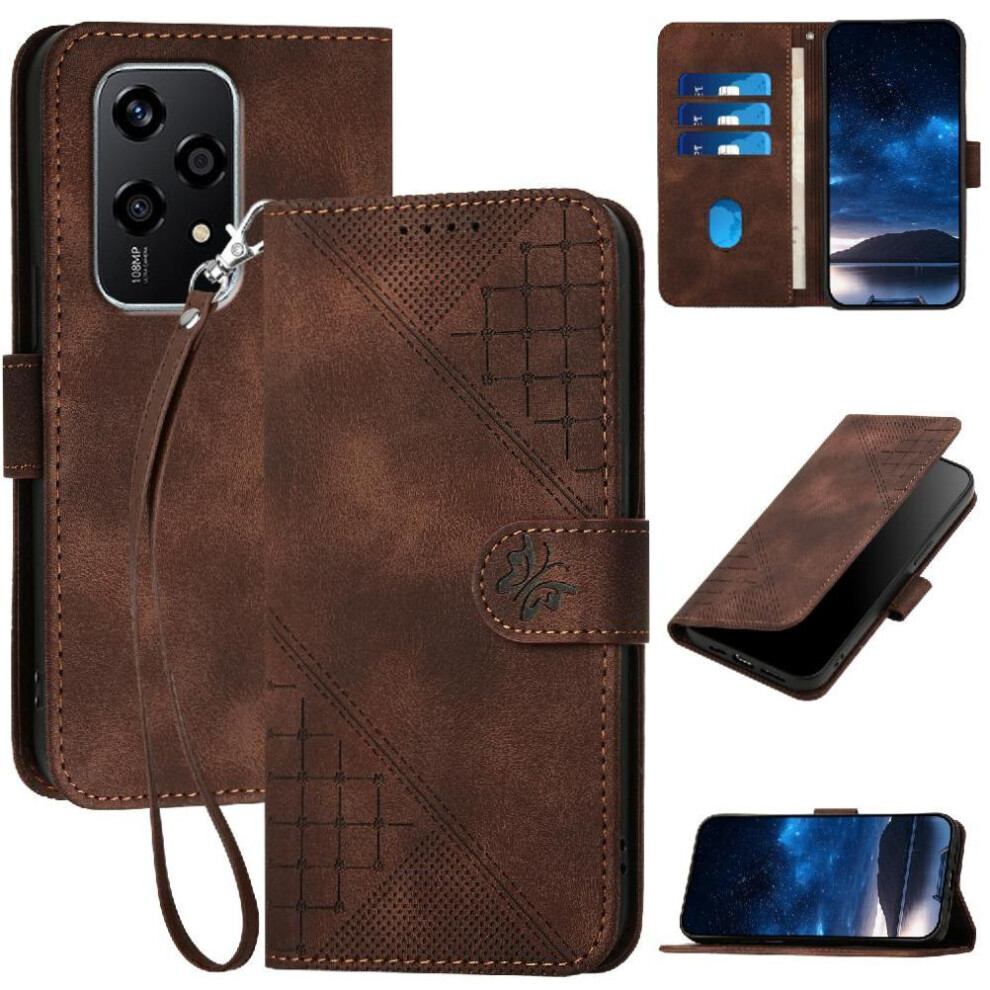 (Brown) Flip Case For Honor 200 Lite Embossed Butterfly And Credit Card Slot High Quality Leather Phone Case With Detachable Hand Strap Brown 764563505067