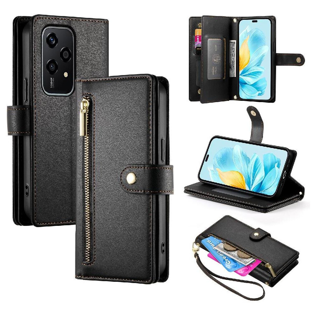 (Black) Flip Case For Honor 200 Lite Wallet Compartment Wrist Strap Kickstand Multifunctional Card Slots Black 764563505845