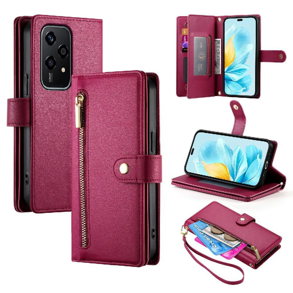 (Red) Flip Case For Honor 200 Lite Wallet Compartment Wrist Strap Kickstand Multifunctional Card Slots Red 764563505807