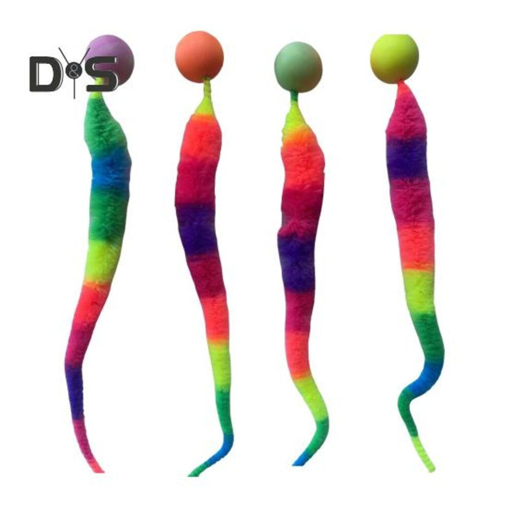 (as the picture, B) Interactive Bouncy Ball with Tail Colorful Fuzzy Worm Bouncy Ball Cat Toy Rainbow Worm Cat Chasing Toy for Indoor Cats