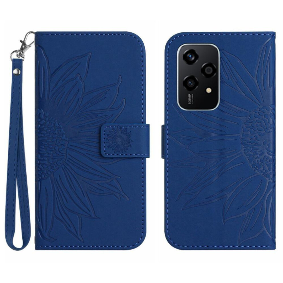 Photos - Case   for Honor 200 Lite Flip Wallet Phone  Embossed Sunflower Short Strap Luxury Pu Leather with Card Slots(Dark blue )