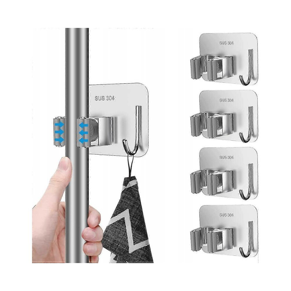 4 Pack Porte-balai, Porte-balai mural en acier inoxydable avec crochet, organiseur de balai pour salle de bain, bureau, cuisine, placard, garage (