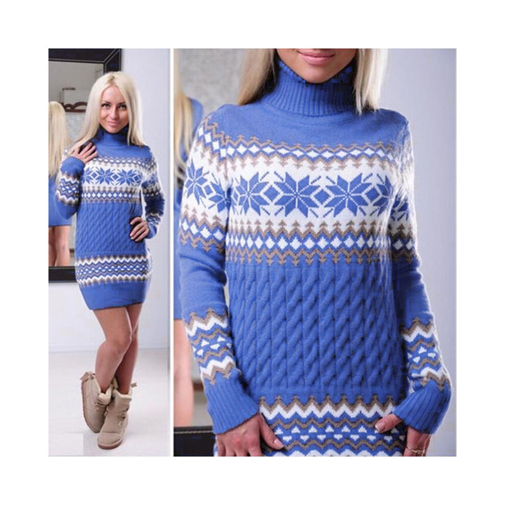(Blue,L)Robe pull col roulé femme Noël longue flocon de neige pull sweater