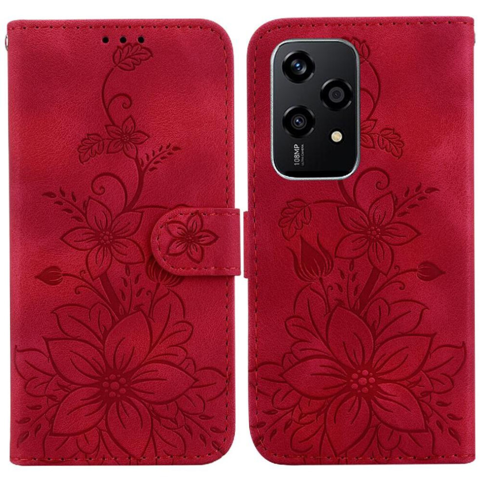 (Red) Flip Case For Honor 200 Lite Kickstand Magnetic Card Holder Embossed Lily Wallet Red 764563509010