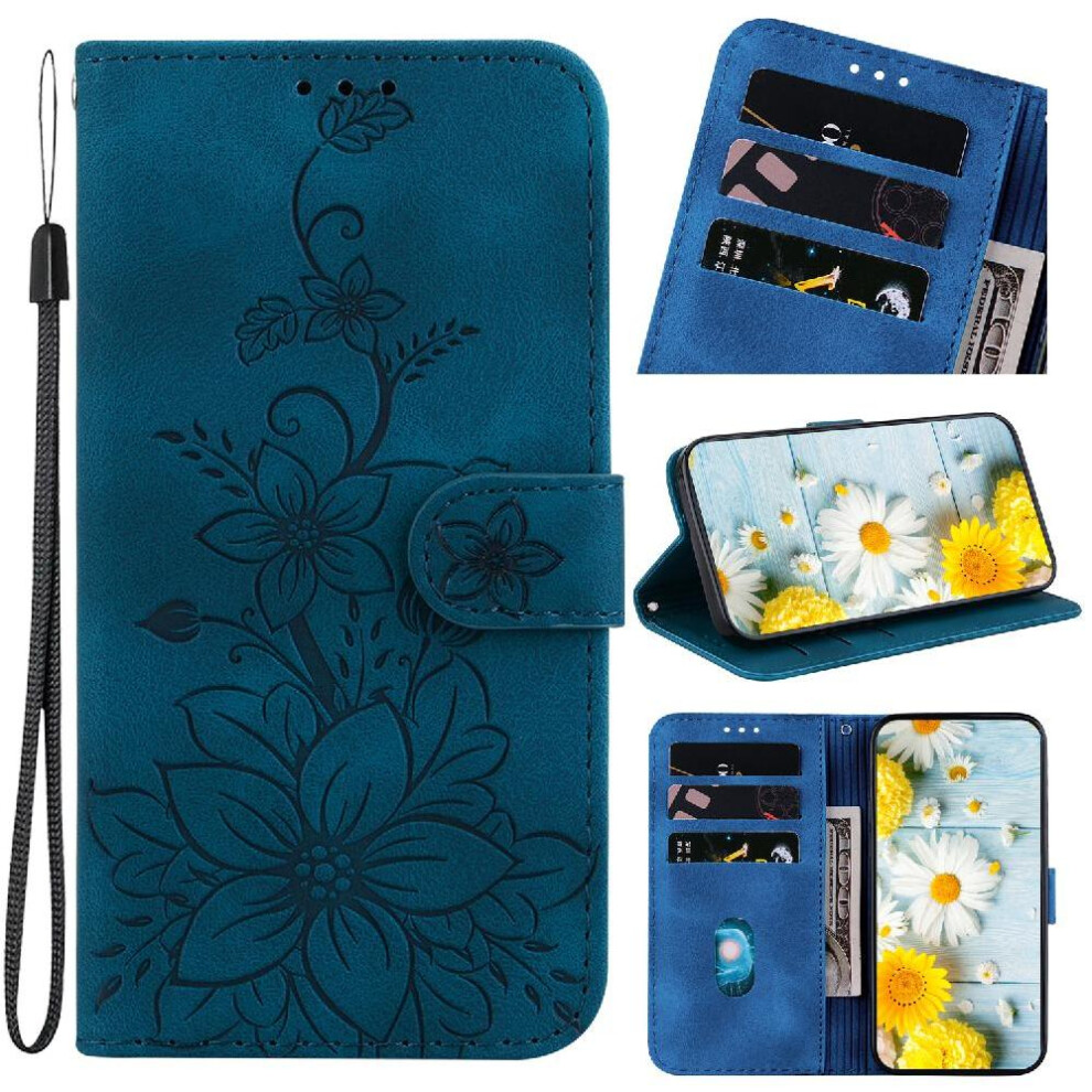 (Dark ) Flip Case For Honor 200 Lite Kickstand Magnetic Card Holder Embossed Lily Wallet Blue 764563508990