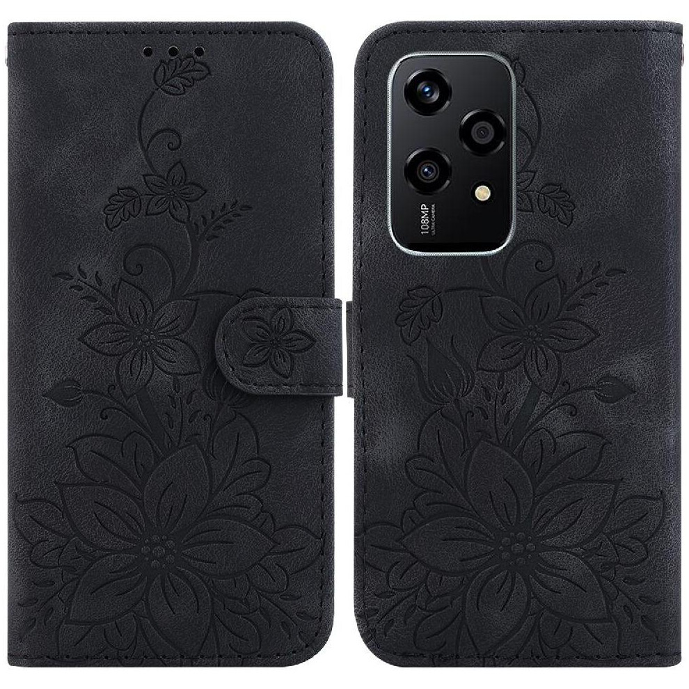 (Black) Flip Case For Honor 200 Lite Kickstand Magnetic Card Holder Embossed Lily Wallet Black 764563509027