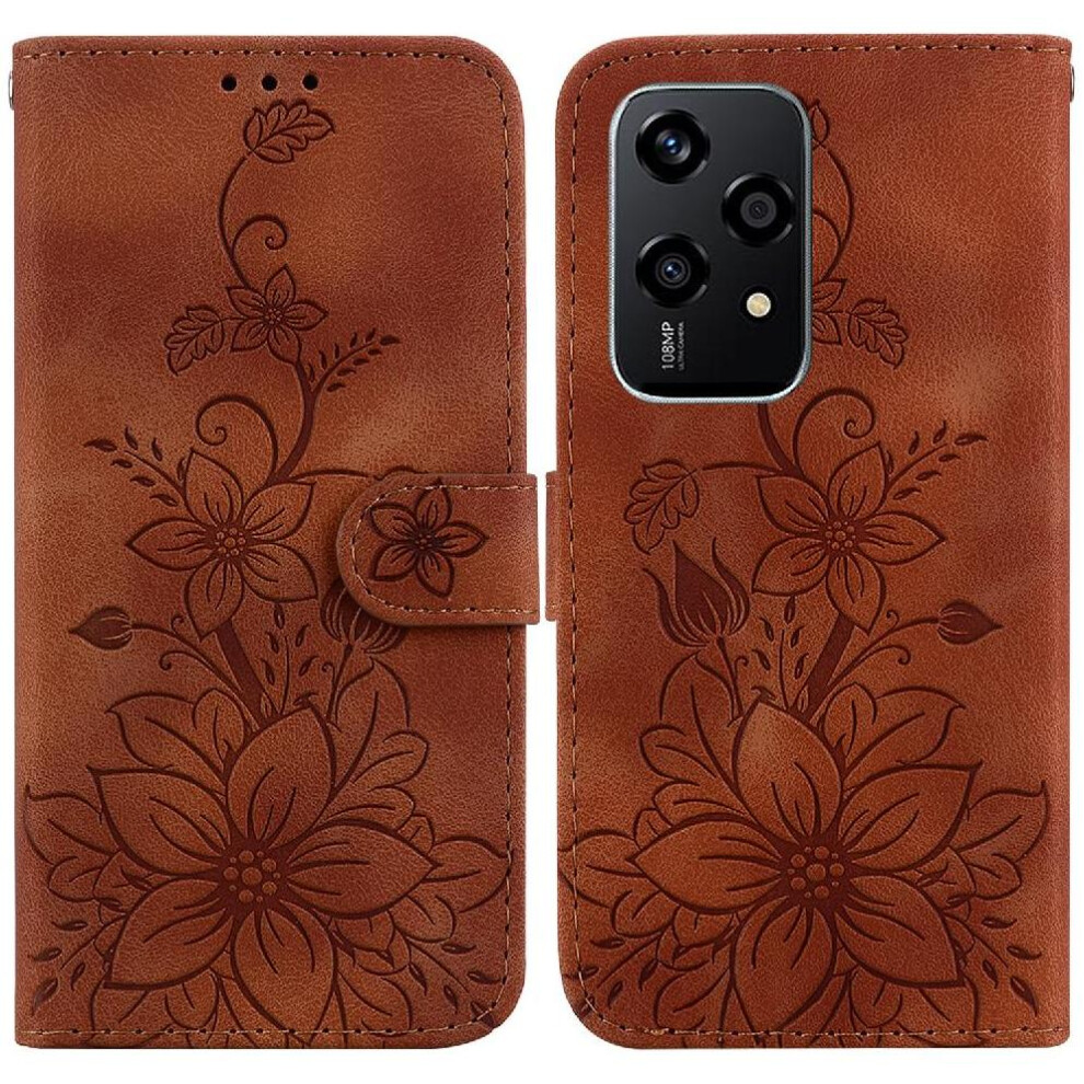 (Brown) Flip Case For Honor 200 Lite Kickstand Magnetic Card Holder Embossed Lily Wallet Brown 764563508983