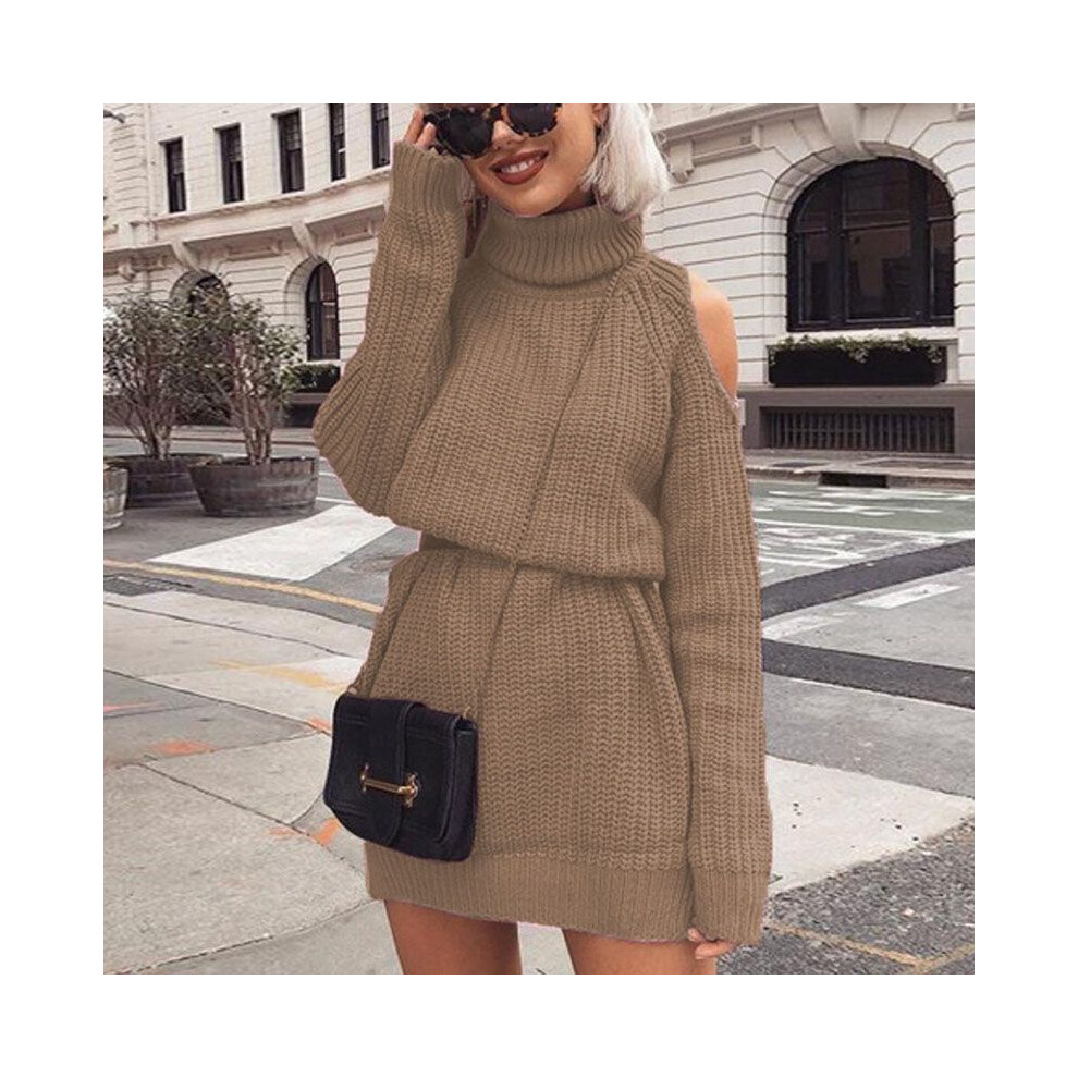 (Khaki,Tag S=US XXS)Robe pull mi-longue automne et hiver col haut épaules dénudées mini