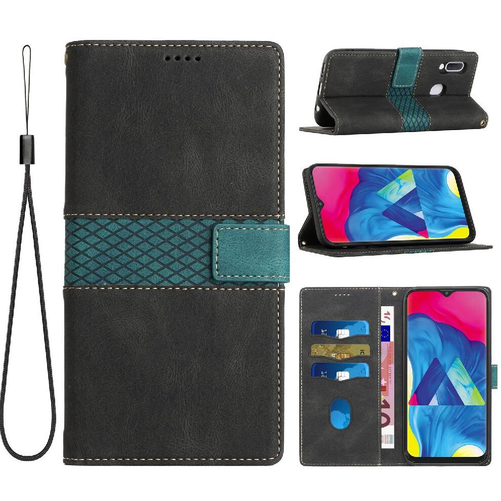 (Black) Wallet Case For Samsung Galaxy A20e Kickstand Card Slot Scratch Resistant Magnetic Closure Wrist Strap Black 764563510719