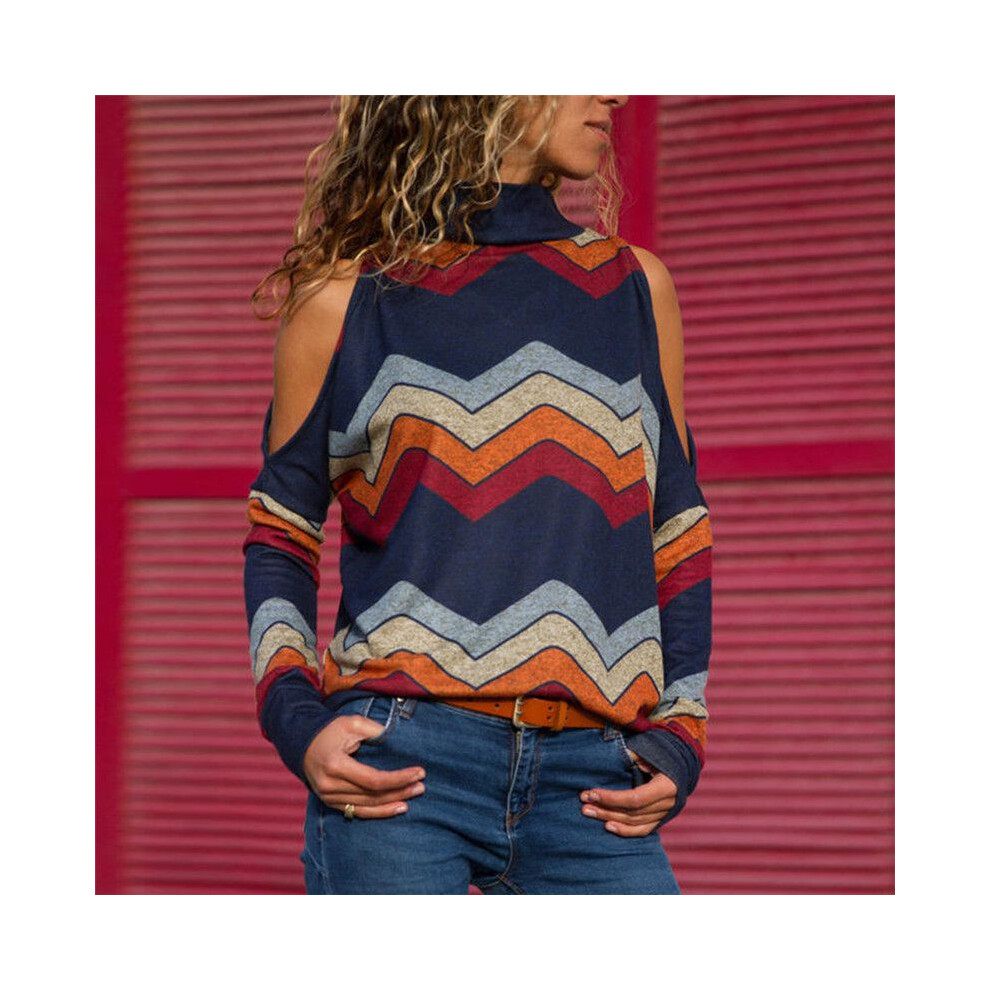 (Navy,Tag L=US S)Pull femme hiver col haut épaules froides pull pull chemisier hauts
