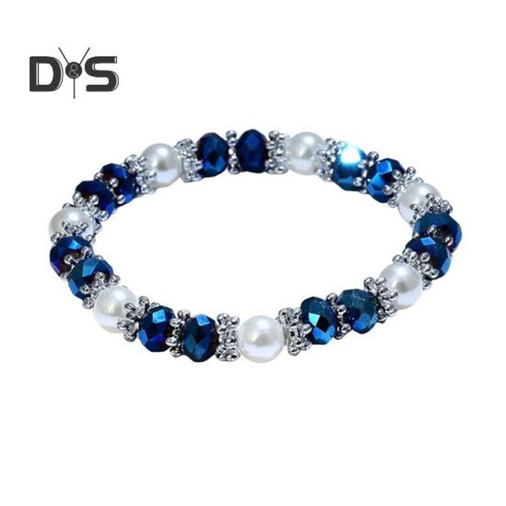 (blue) Women Bracelet Faux Crystal Faux Pearl Contrast Color Embrace Good Luck Inner Peace Bangle Birthday Gift for Girlfriend Mother Lady Wrist Jewelry