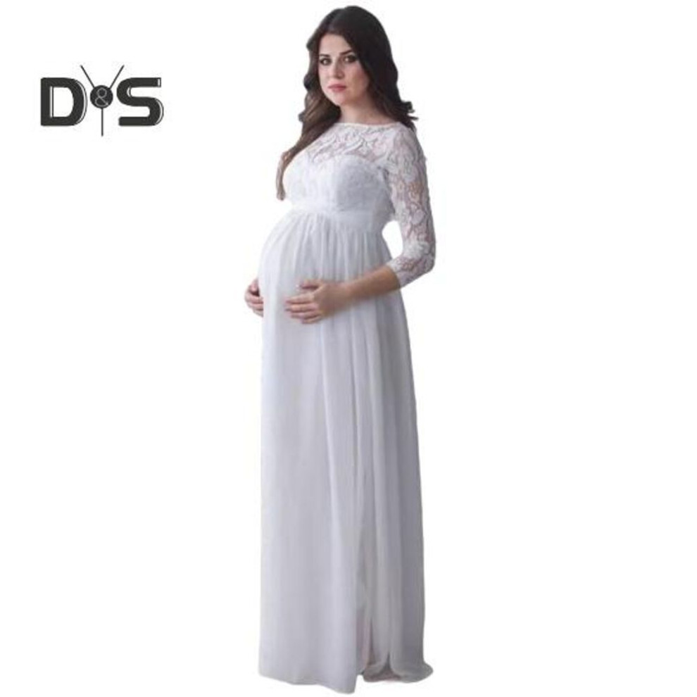(white, XL) Pregnant Women Dress Lace Hollow Out Floral Embroidery Round Neck Long Sleeves Pleated Maxi Dress for Wedding Party Prom Photo Prop