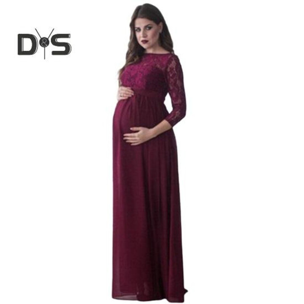 (wine red, S) Pregnant Women Dress Lace Hollow Out Floral Embroidery Round Neck Long Sleeves Pleated Maxi Dress for Wedding Party Prom Photo Prop
