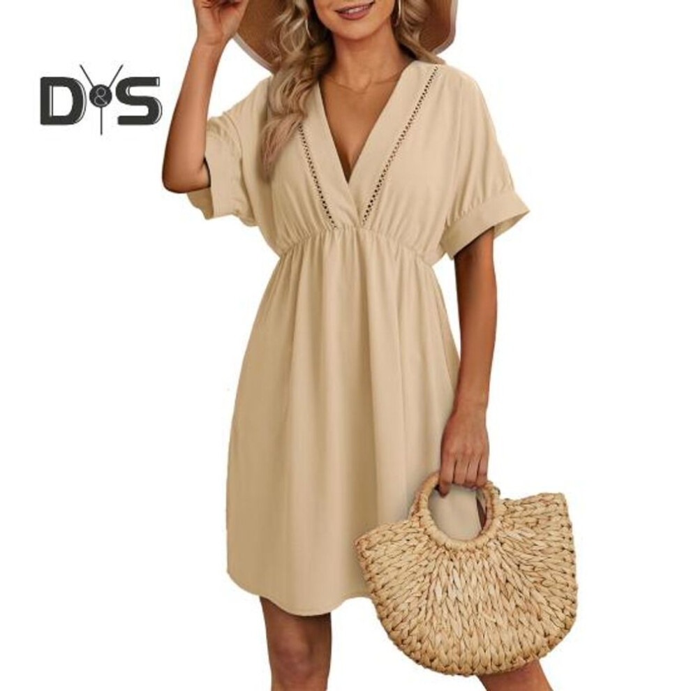 (S, khaki) Women Summer Dress V Neck Short Sleeves Pleated High Waist Beach Coverup Loose Mini Dress Lace-up Tassel Strap Backless Slit Hem Dress