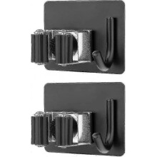2pcs Wall Mounted Broom Holder(with Hook),stainless Mop Holder Rustproof No Extra Drilling(black)