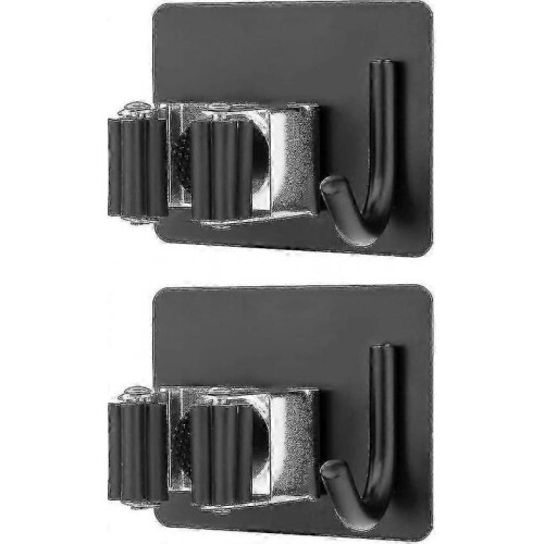 2pcs Wall Mounted Broom Holder(with Hook),stainless Mop Holder Rustproof No Extra Drilling(black)