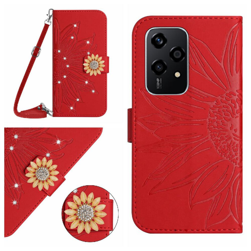 (Red) Case For Honor 200 Lite With A Long Lanyard Sunflower Leather Wallet Kickstand Protective With Card Slot Stand Red 764563511518
